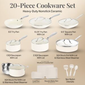 GOTHAM STEEL 20 Pc Ceramic Pots and Pans Set Non Stick, Kitchen Cookware Sets, Pot and Pan Set, Ceramic Cookware Set, Non Toxic Cookware Set, White Pots and Pan Set, Dishwasher Safe - Cream