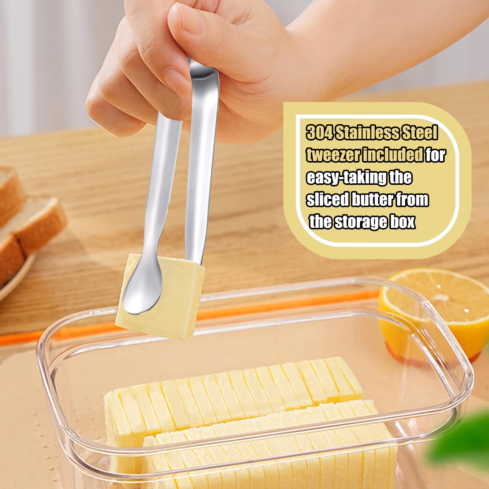 Butter Slicer Cutter Dish Airtight Box Stick Container Airtight Lid with 304 Stainless Steel Tweezer for Fridge Storage