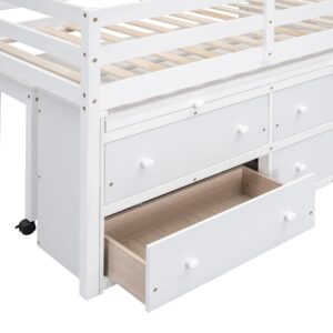 Kids Twin Low Loft Bed with Storage, Twin Size Loft Bed with Portable Desk and 4 Drawers, Wood Twin Loft Bed with Shelves, Modern Farmhouse Junior Loft Bed for Kids Boys Girls, White