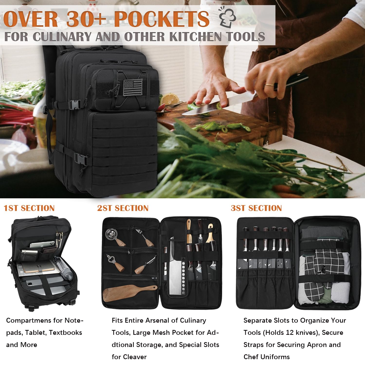 SunForMorning Chef Knife Bag, Tactical Backpack for Chef, Knife Carrying Case with 30+ Pockets for Knives and Culinary Tools, Professional Chef Knife Set Bag Backpack - Bag Only