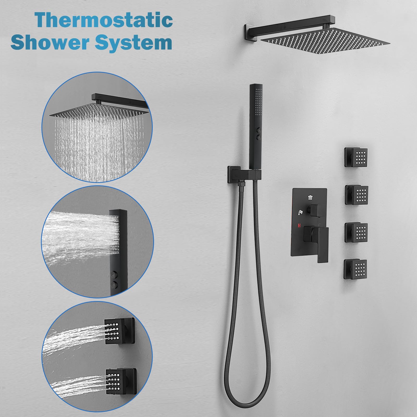 RUMOSE Rainfall Shower System with 4 Full Body Jet 4 Mode Shower Faucet Set with 12 Inch Rain Shower Head and 2 in 1 Handheld Spray, Matte Black Brass Shower Jet Shower Fixtures, Wall Mounted