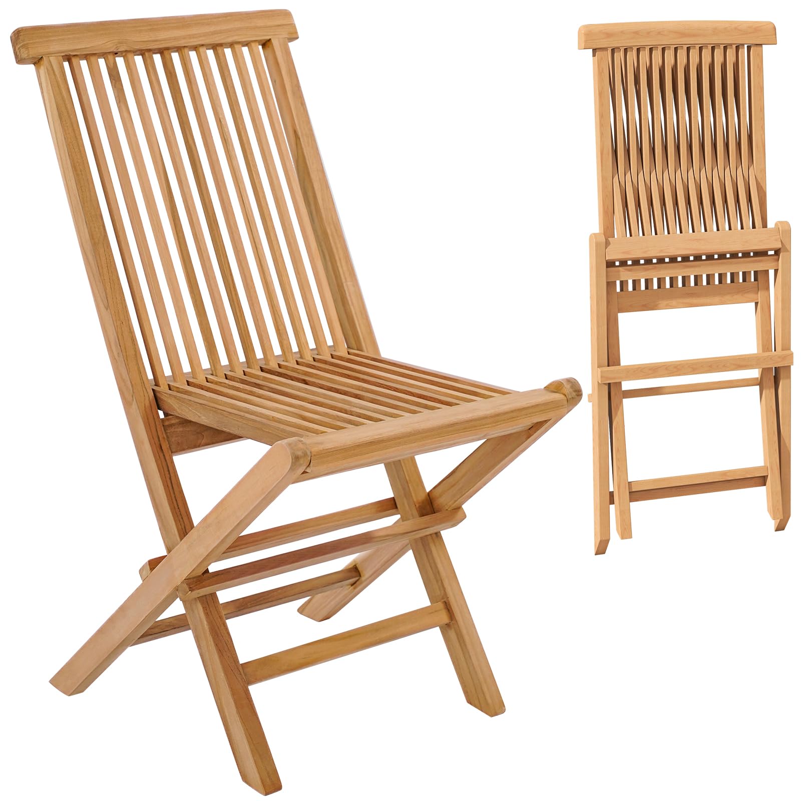 Tangkula 2 Piece Wood Patio Folding Chair, Sturdy Teak High-Back Chair with Slatted Design, Portable & Lightweight Outdoor Dining Chair, Natural Appearance, Perfect for Backyard, Camping