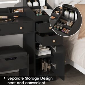 Fameill Black Makeup Vanity with 10 Lights & Power Outlets, Big Vanity with 3 Storage Compartments, Vintage Vanity Set with Large Drawers and Storage Cabinet, 45in