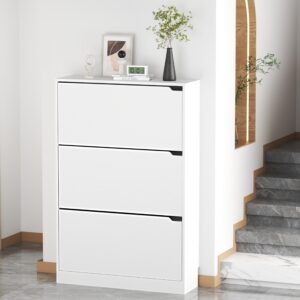 Boonatu Shoe Cabinet Storage for Entryway, Shoe Cabinet Storage with 3 Flip Drawers, Shoe Cabinet for Entryway Slim Space, 3 Tier White Shoe Cabinet Freestanding Wood Shoe Rack for Entryway, Hallway