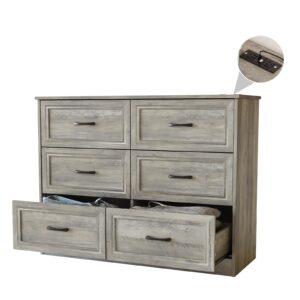 Fameill Dresser for Bedroom, 6 Drawer Wide Dresser Organizer with Charging Station, Tall Dresser for Hallway, Wood Dresser with Metal Handles, Ash Grey