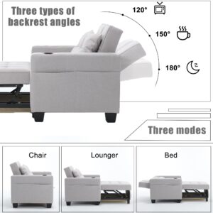 Haplized Chair Sleeper Sofa Bed, 3-in-1 Convertible Futon Lounge Bed Couch with Storage Chaise, Pull Out Sleeper Sofa Bed with Adjustable Back for Living Room, Bedroom (Light Grey)