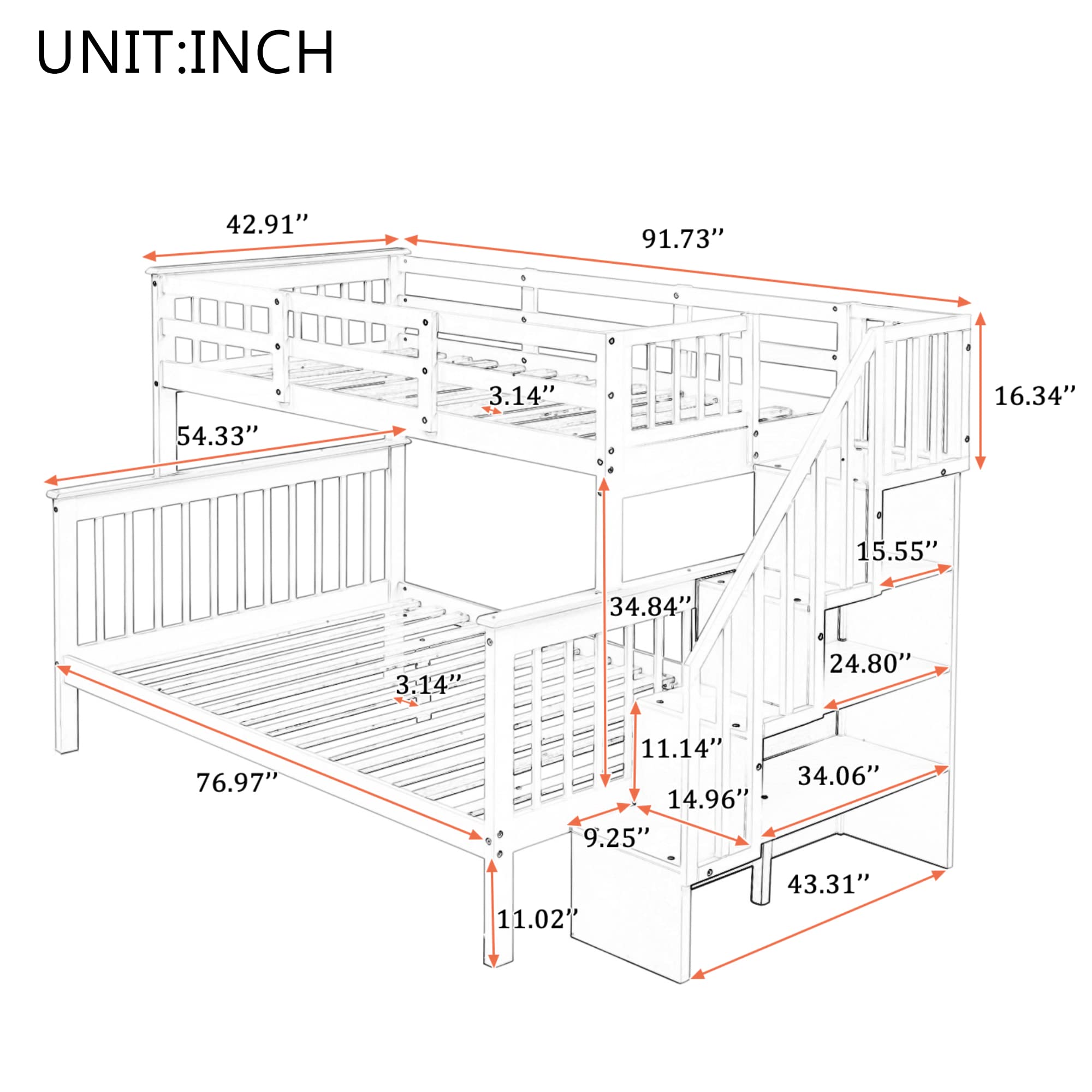 LostCat Twin Over Full Bunk Bed, Solid Pinewood Bunk Bed with Storage Staircase and Safety Guardrails for Kids/Teens/Adults,Can Be Separated Into Twin/Full Size Bed, White