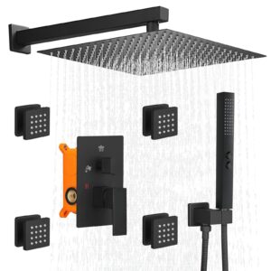 rumose rainfall shower system with 4 full body jet 4 mode shower faucet set with 12 inch rain shower head and 2 in 1 handheld spray, matte black brass shower jet shower fixtures, wall mounted