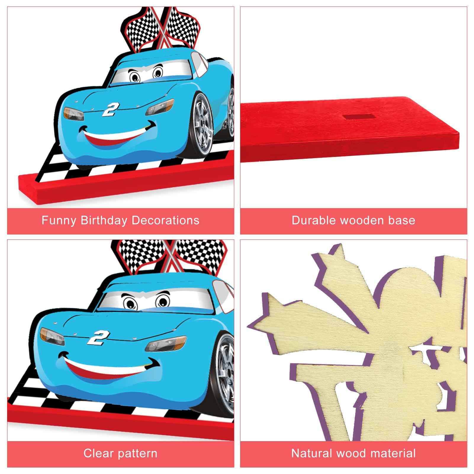 4PCS Race Car Two Fast Birthday Wooden Table Centerpieces for Baby Boys, Racing Car Themed Happy 2nd Birthday Table Sign Party Supplies, 2 Year Old Let's Go Racing Table Decor for Indoor Outdoor