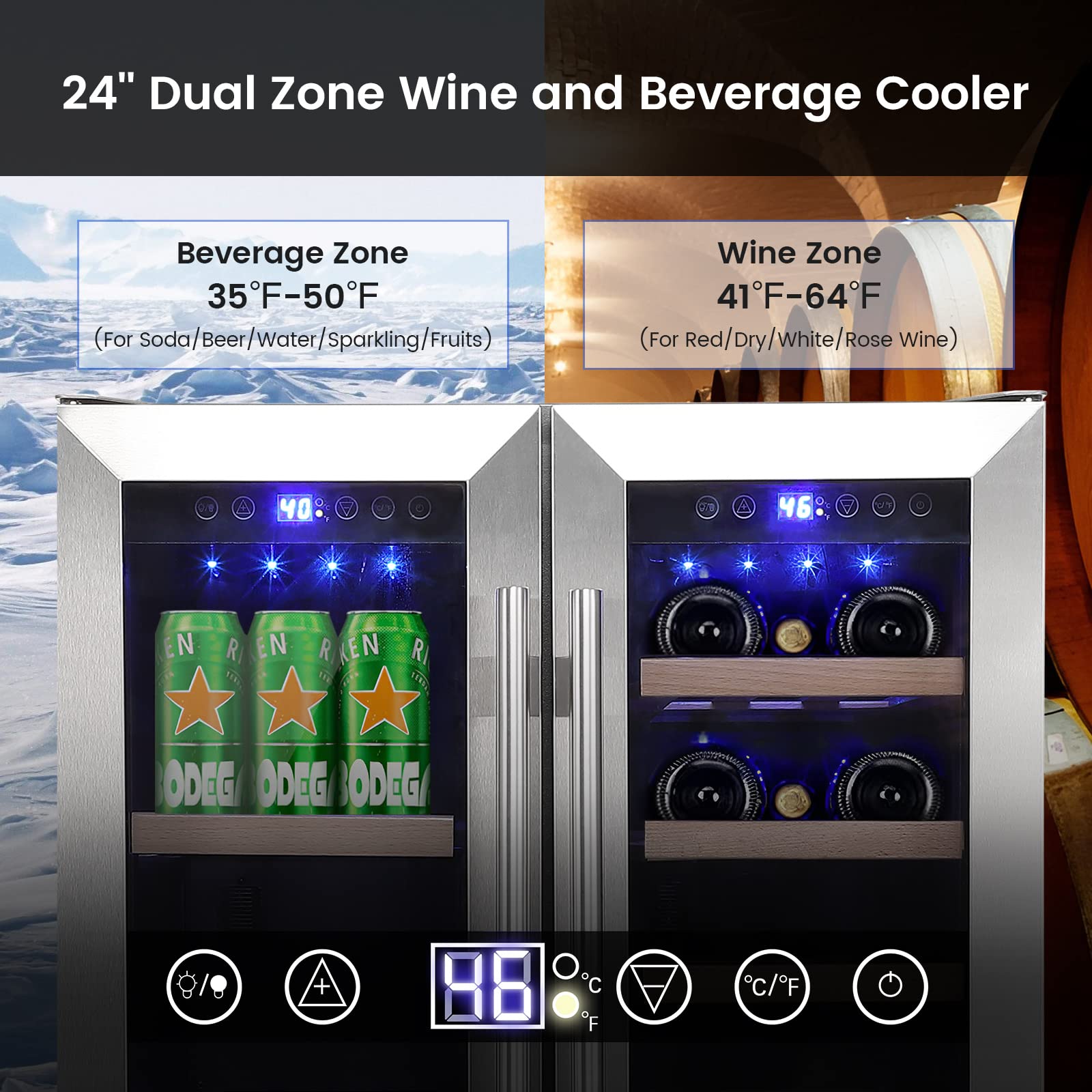 Aprafie Wine and Beverage Refrigerator, 24 inch 55 Cans and 20 Bottles Large Dual Zone Wine Cooler with Quiet Compressor, Blue LED, Dual Temperature Under Counter Wine Fridge