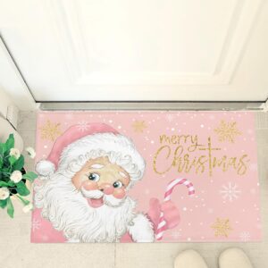 Christmas Pink Santa Claus Floor Door Mats Shag Carpet,Xmas Gold Foil Snowflake Non Slip Super Soft Bath Rugs,Winter Snow Shaggy Fuzzy Area Rug for Kitchen/Bathroom/Bedroom/Living Room Decor 16x24in