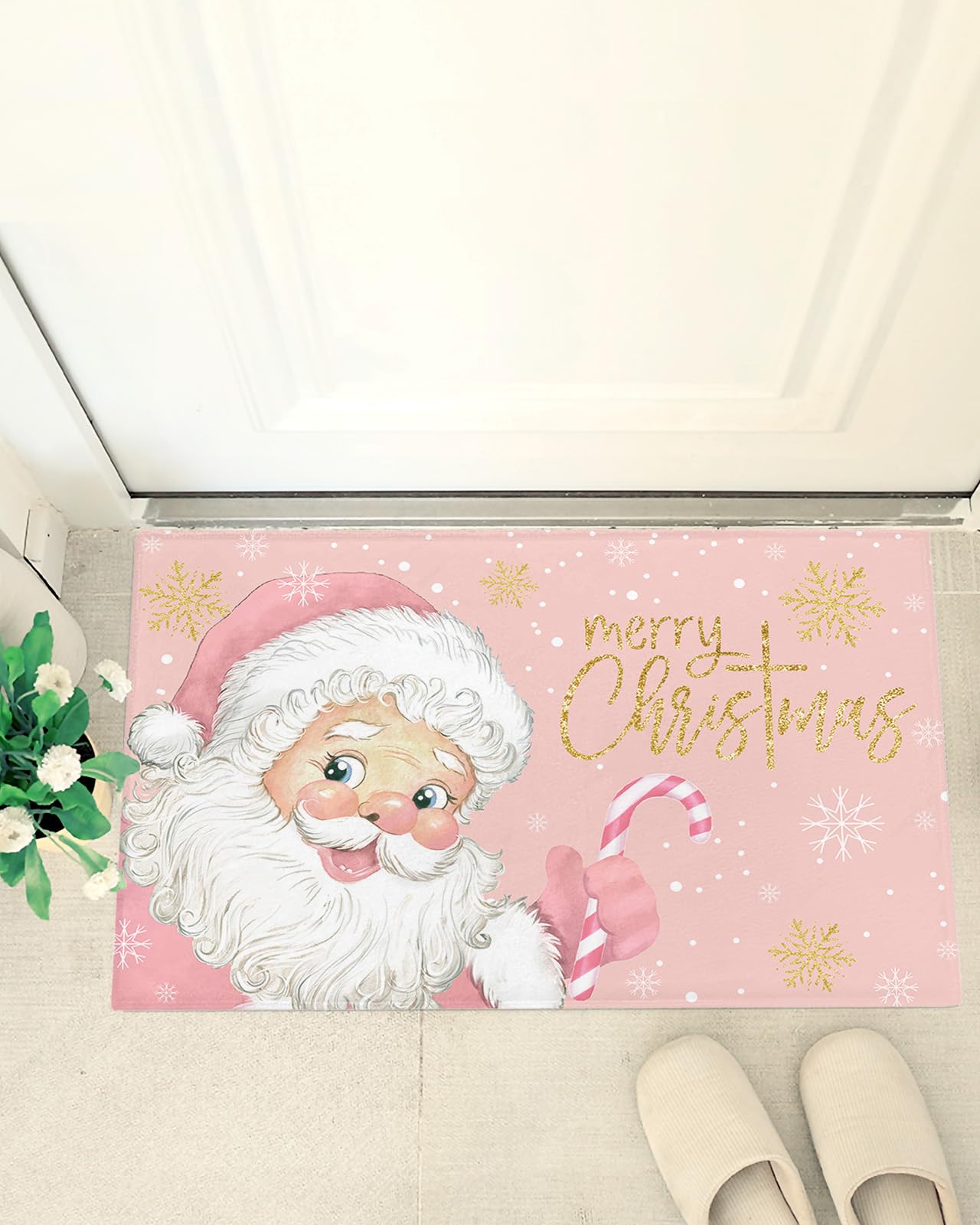 Christmas Pink Santa Claus Floor Door Mats Shag Carpet,Xmas Gold Foil Snowflake Non Slip Super Soft Bath Rugs,Winter Snow Shaggy Fuzzy Area Rug for Kitchen/Bathroom/Bedroom/Living Room Decor 16x24in