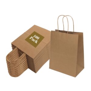 100 pack 8x4.75x10 inch medium brown paper bags with handles bulk, joybe kraft paper gift bags for birthday party favors grocery retail shopping business goody craft blank sacks (plain natural 100pcs)