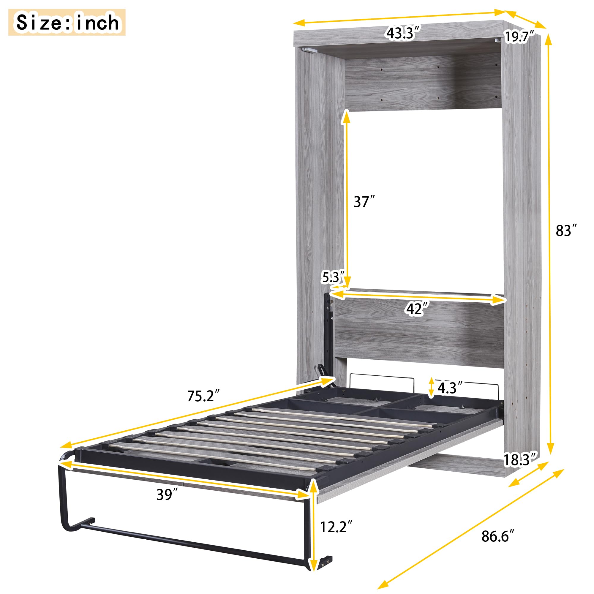 Harper & Bright Designs Twin Size Murphy Bed, can be Folded into a Cabinet, Gray