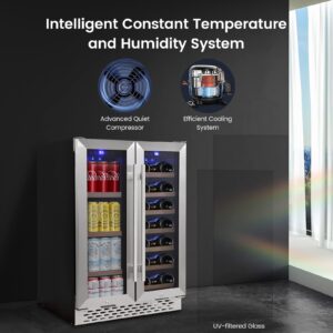 Aprafie Wine and Beverage Refrigerator, 24 inch 55 Cans and 20 Bottles Large Dual Zone Wine Cooler with Quiet Compressor, Blue LED, Dual Temperature Under Counter Wine Fridge