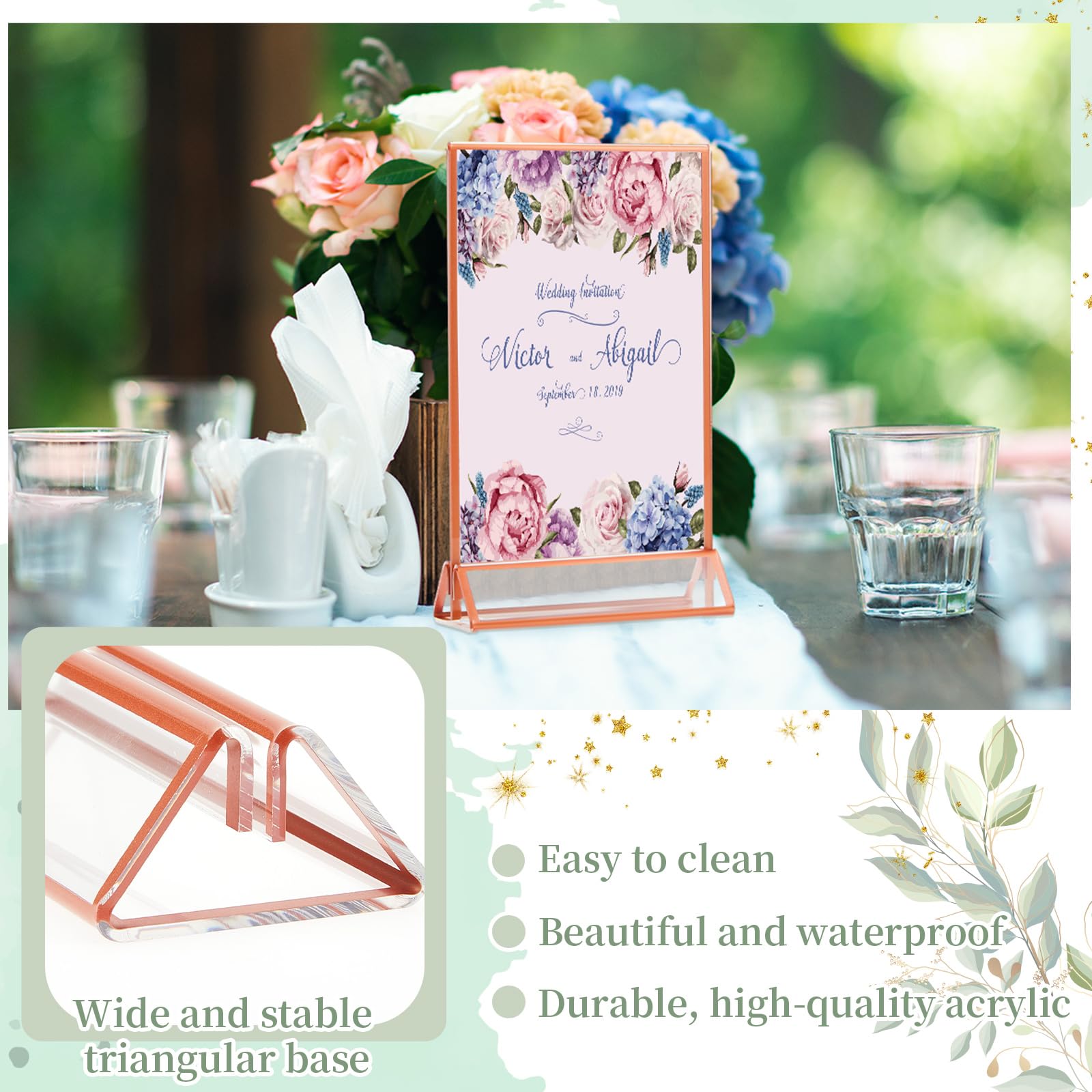 Suzile 30 Pcs Clear Acrylic Table Sign Holders 4 x 6 Inches Double Sided Rose Gold Borders Wedding Table Number Display Holder Picture Frames for Reception Anniversary Bridal Shower