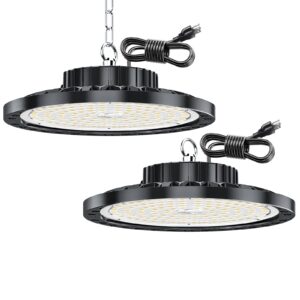 chengchilit led high ufo bay light 2 pack, 100w 15000lm 7000k ufo led high bay lights with 110v plug 6.56ft cords, super bright commercial led lights for warehouse gym high bay lighting