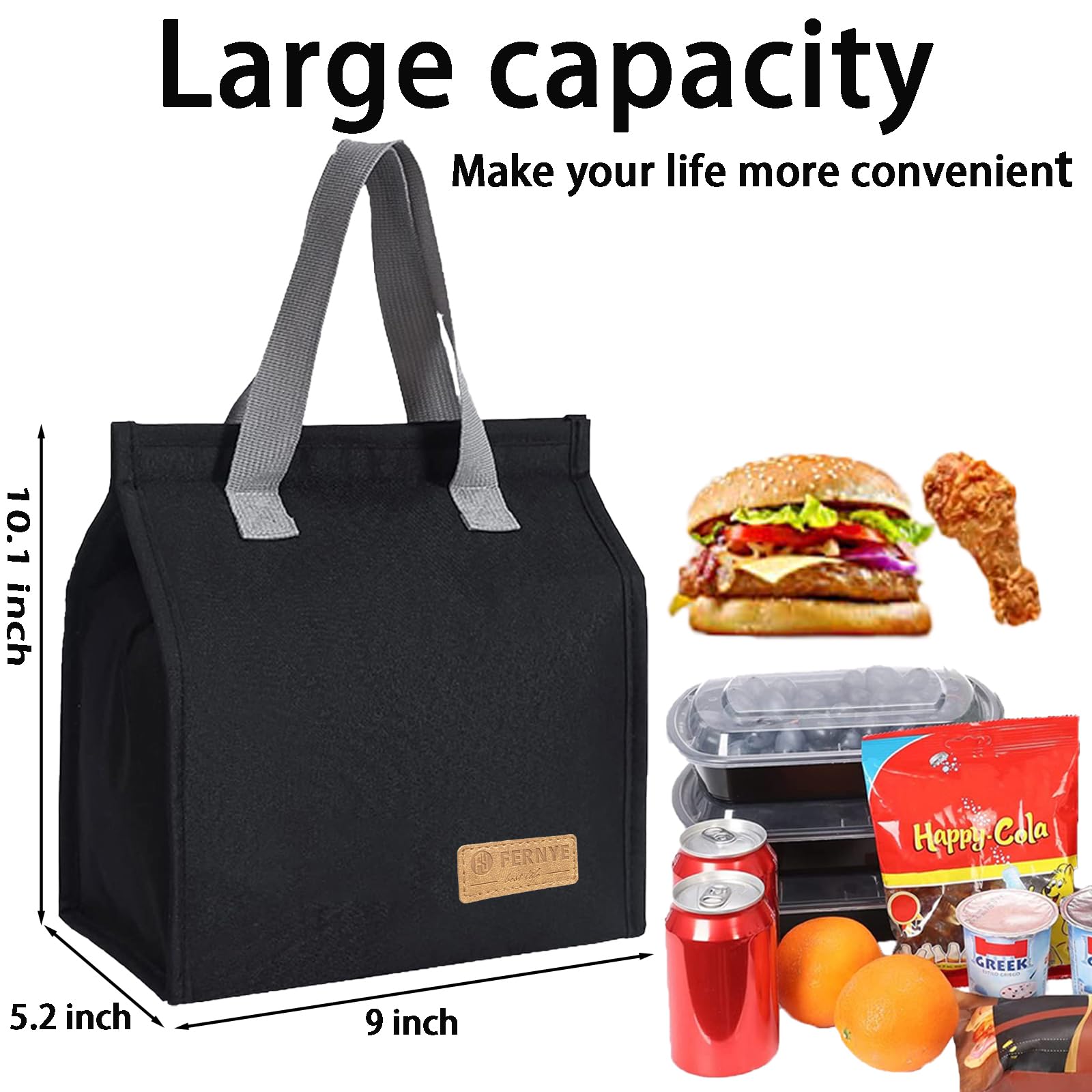 FERNYE Lunch Bag for Women/Men,Waterproof Reusable Portable Lunch Tote,Lunch Box Bag.Thermal Cooler Bag Ideal for Work/Party/l/Travel/Picnic (Light Black)