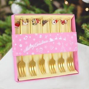 A · HOUSEWARE Dessert Forks Gold Christmas Silverware Set Stainless Steel Flatware Small 6 Pieces Appetizer Utensils With Xmas Charms Handle for Festival Parties and Everyday Use