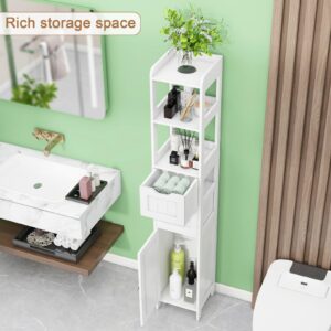 Bathroom Cabinet, Bathroom Storage Cabinet Rack Stand, Freestanding Narrow Tall Cabinet with Door and Adjustable Shelf, Multifunctional Bathroom Floor Cabinet with 2 Drawers (White)