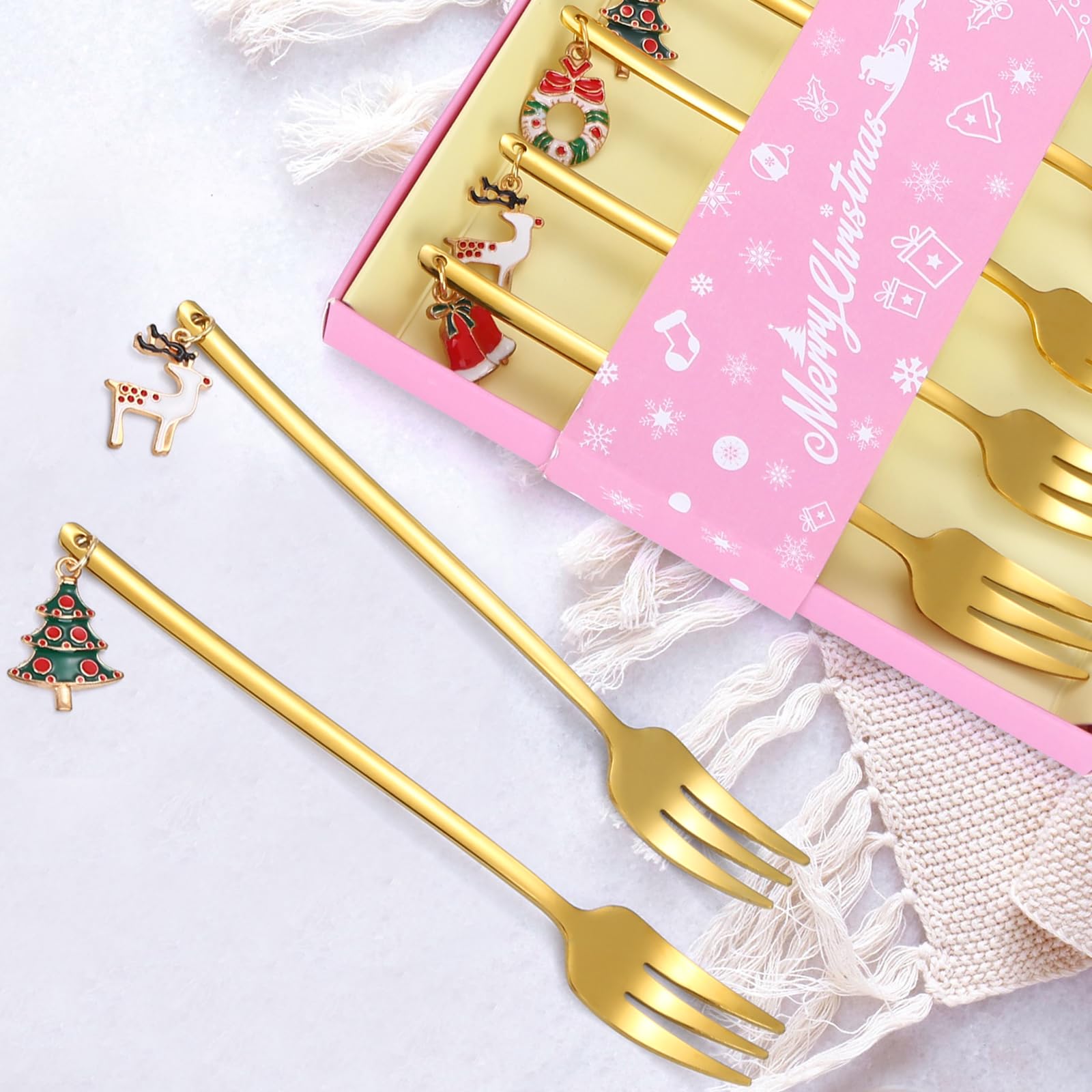 A · HOUSEWARE Dessert Forks Gold Christmas Silverware Set Stainless Steel Flatware Small 6 Pieces Appetizer Utensils With Xmas Charms Handle for Festival Parties and Everyday Use