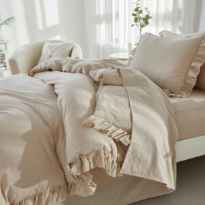 Brandream Duvet Cover Set Twin/Twin XL Size Linen Feel Textured Organic Natural 100% Washed Cotton Duvet Cover Beige 2 Pieces Bedding Set Fringe Ruffle with Zipper Closure (No Comforter)