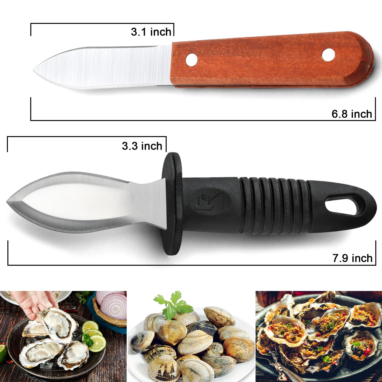 Hunnycook Oyster Shucking Knife Set, 7.9-inch and 6.8-inch Stainless Steel Oyster Shuckers, 1 Plastic Handle Oyster Knife, 1 Wooden Handle Oyster Knife, 2 Pairs of Level 5 Cut-resistant Gloves (L)