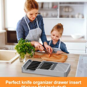 RISHTEN Kitchen Knife Drawer Organizer Grey, In Drawer Knife Block Holder with Expandable Cutlery Tray Compact Organization Drawer Storage Holds Up To 11 Knives (Including Hooks&Sponges)