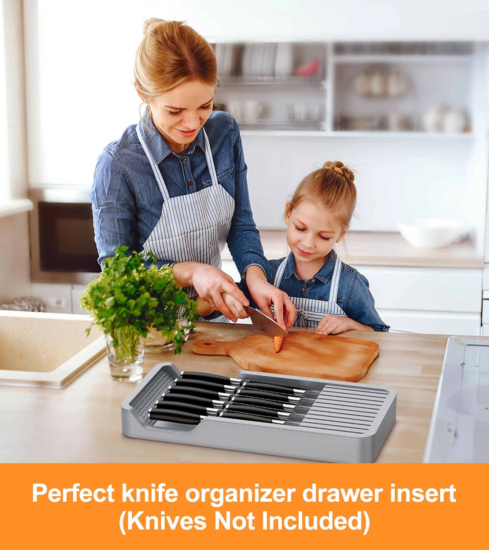 RISHTEN Kitchen Knife Drawer Organizer Grey, In Drawer Knife Block Holder with Expandable Cutlery Tray Compact Organization Drawer Storage Holds Up To 11 Knives (Including Hooks&Sponges)