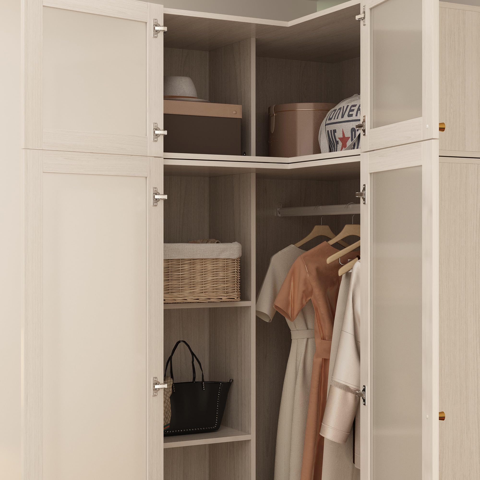 Homsee L-Shape Armoire Wardrobe Closet with Frosted Glass Doors, Hanging Bar & Shelves, Wooden Closet Storage Cabinet with Top Cabinet for Bedroom, Warm Grey (35.4”L x 35.4”W x 86.6”H)