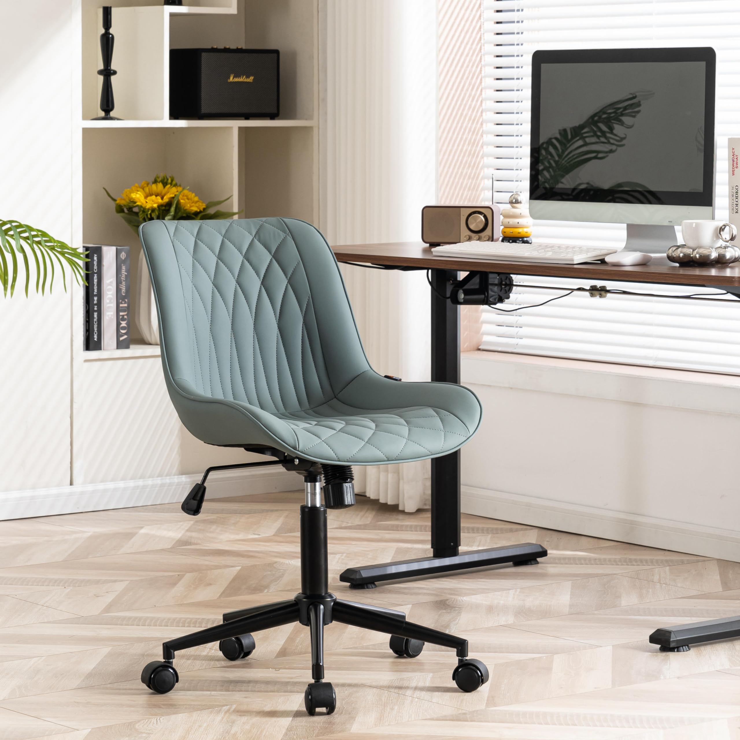 YOUNIKE Ergonomic Home Office Desk Chair Comfy Small Criss Cross Chair with Wheels Swivel Adjustable Modern Vanity Chair High Back Armless Cute Leather Upholstered Rolling Task Chair Greyish Green