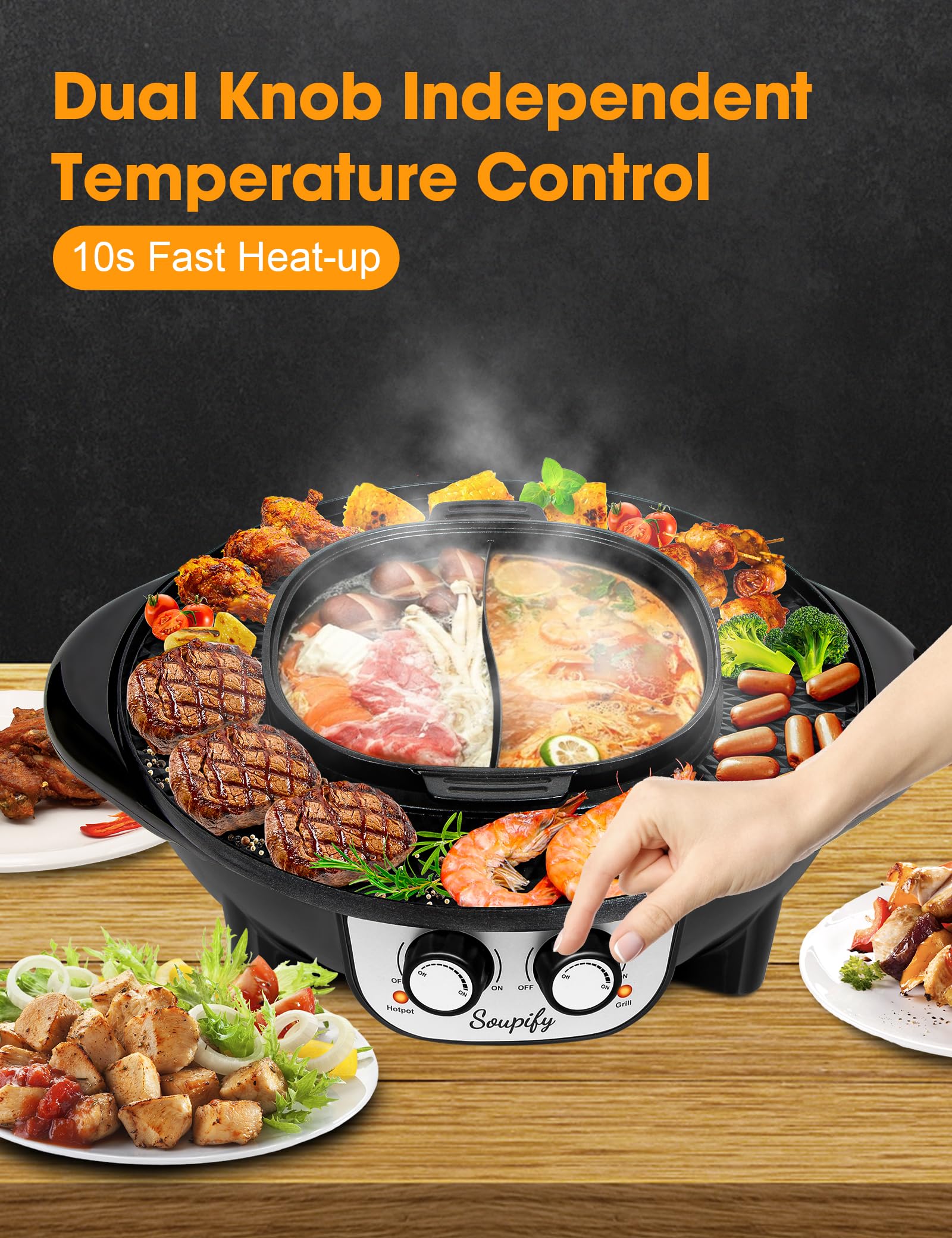 Soupify 2 in 1 Hot Pot with Grill, Electric Korean BBQ Grill, Independent Dual Temperature Control & Non-stick Pan, Multi-function Smokeless Barbecue Grill for Family and Friends Gathering