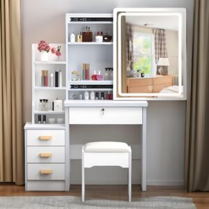 makeup vanity desk with mirror and lights,vanity table with sliding mirror & drawers & storage shelves & stool, brightness adjustable,3 lighting mode, for bedroom,white