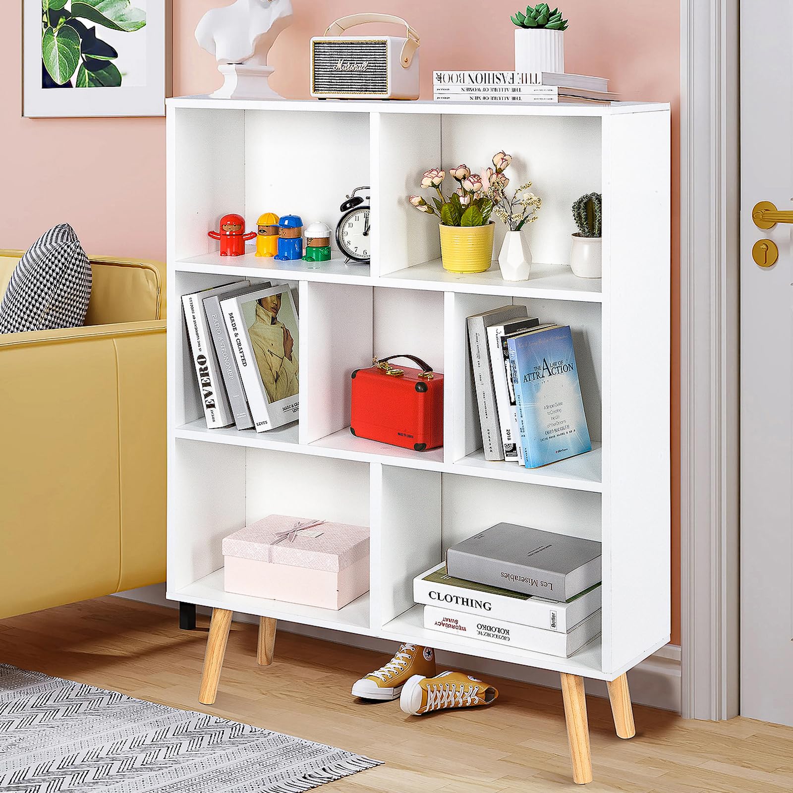 7 Cube White Bookshelf, 3 Tier Book Shelf with Legs Minimalist Bookcase Free Standing Display Cabinet Rack for Living Room, Office, Bedroom, Study Room (Contains Anti-Tipping Parts)