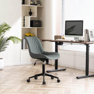 YOUNIKE Ergonomic Home Office Desk Chair Comfy Small Criss Cross Chair with Wheels Swivel Adjustable Modern Vanity Chair High Back Armless Cute Leather Upholstered Rolling Task Chair Greyish Green