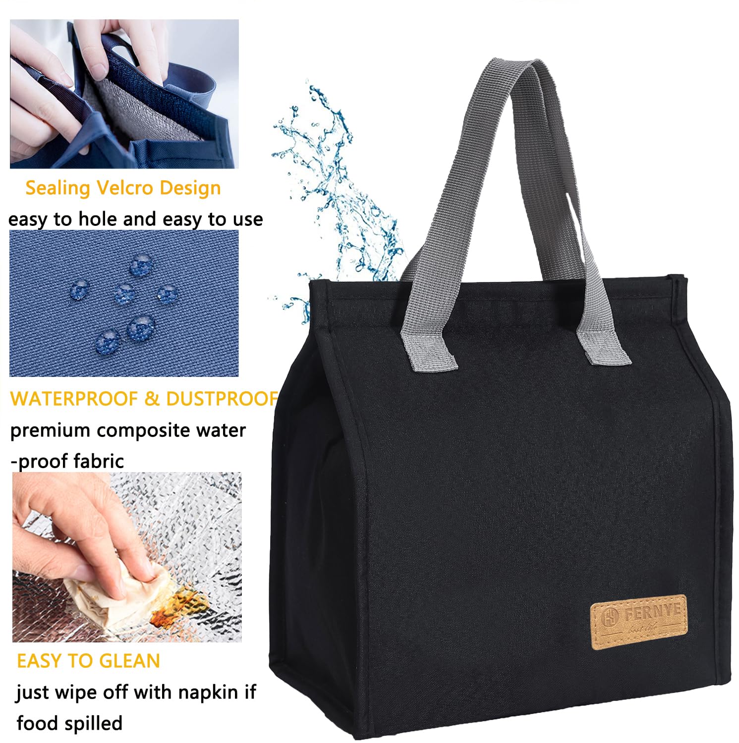 FERNYE Lunch Bag for Women/Men,Waterproof Reusable Portable Lunch Tote,Lunch Box Bag.Thermal Cooler Bag Ideal for Work/Party/l/Travel/Picnic (Light Black)