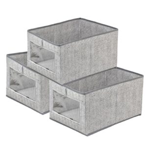 fabric collapsible storage bins, set of 3 organizer bin with visible window, shelf basket closet clothes organizer storage containers for organizing shelves, wardrobe, office, clothing (3pc-gray)