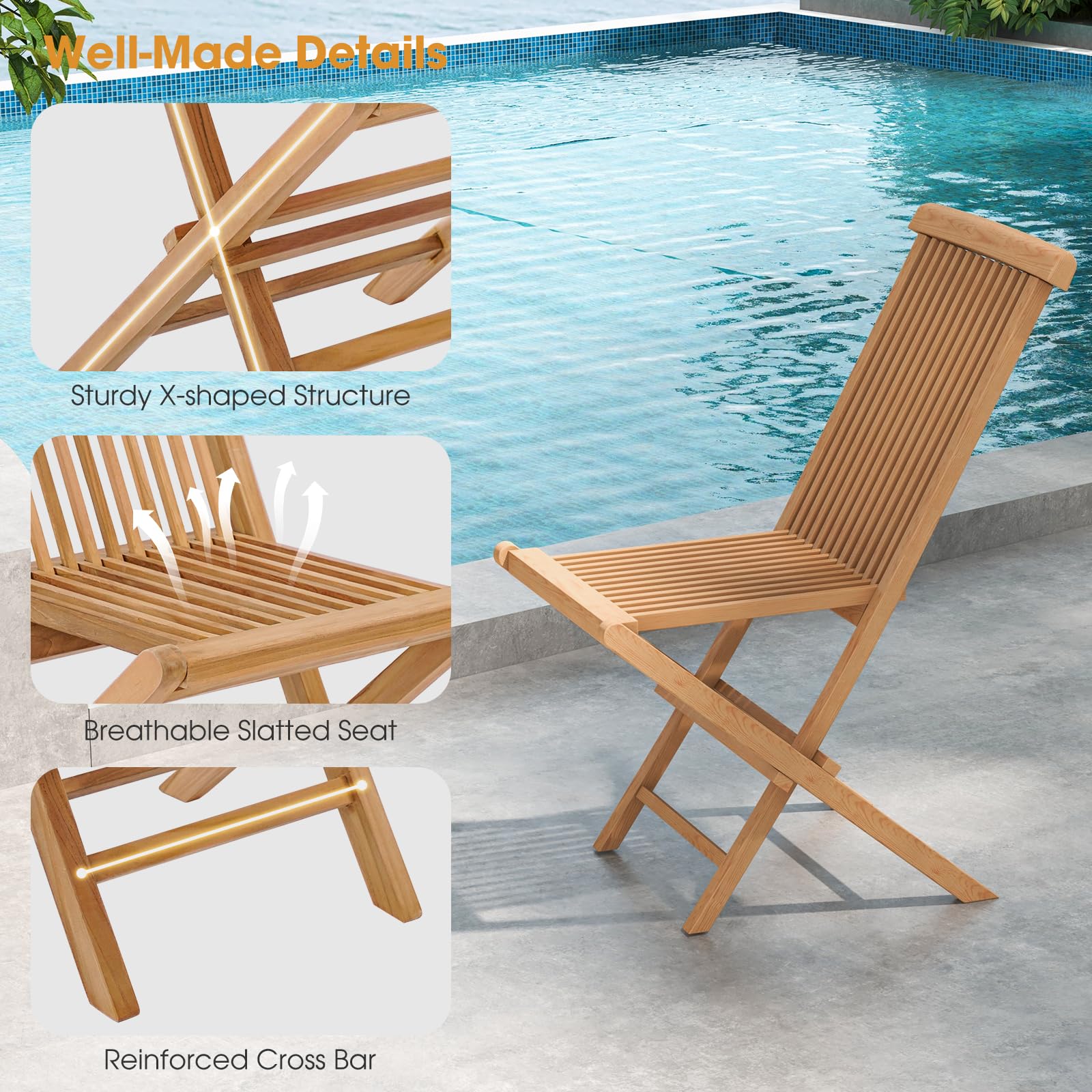 Tangkula 2 Piece Wood Patio Folding Chair, Sturdy Teak High-Back Chair with Slatted Design, Portable & Lightweight Outdoor Dining Chair, Natural Appearance, Perfect for Backyard, Camping