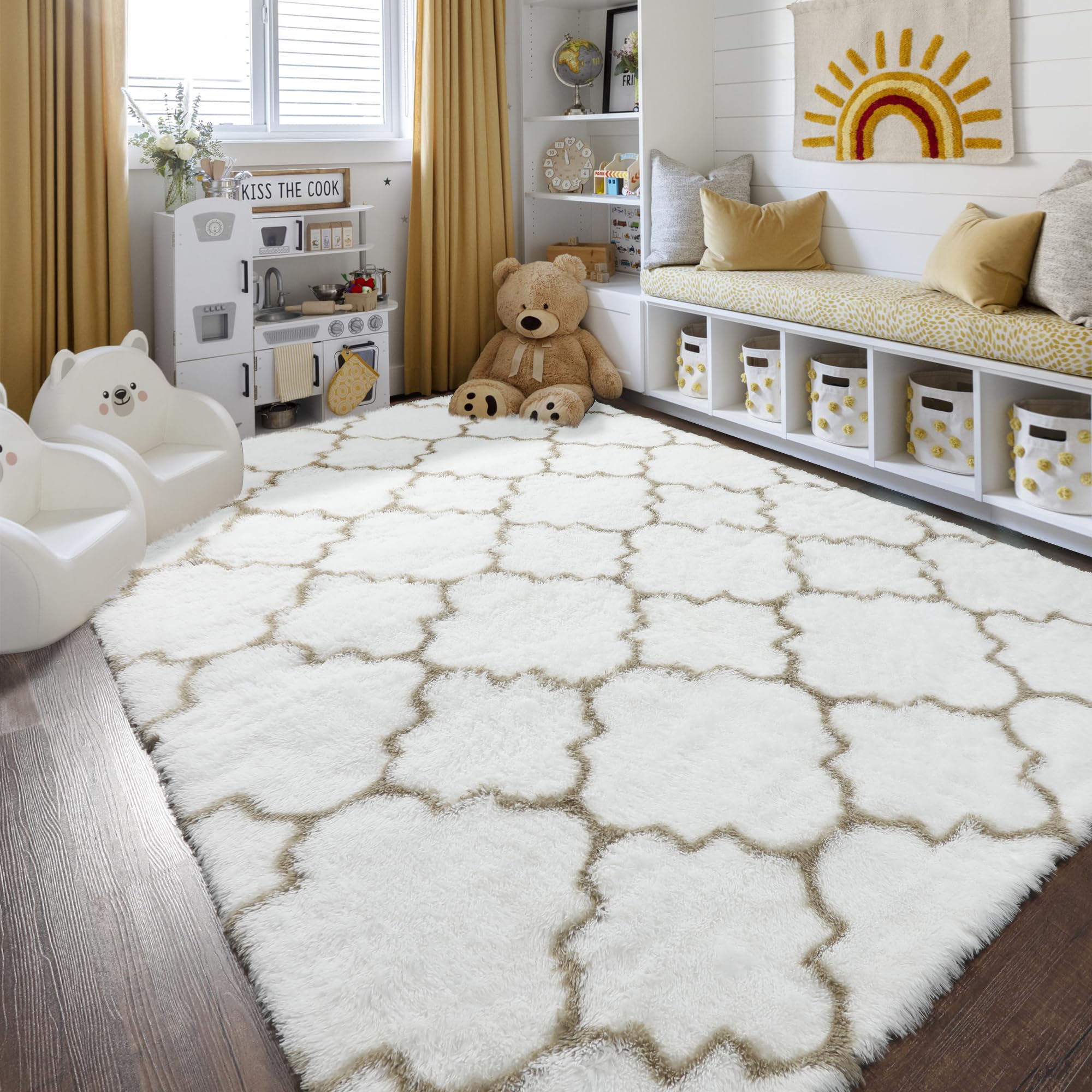 Amdrebio White and Beige Rugs for Living Room, 7x10 Rug, Soft Large Area Rug for Bedroom, Fluffy Neutral Boho Rug for Kids Room, Geometric Morrocan Shaggy Carpet for Playroom, Big Thick Floor Rug