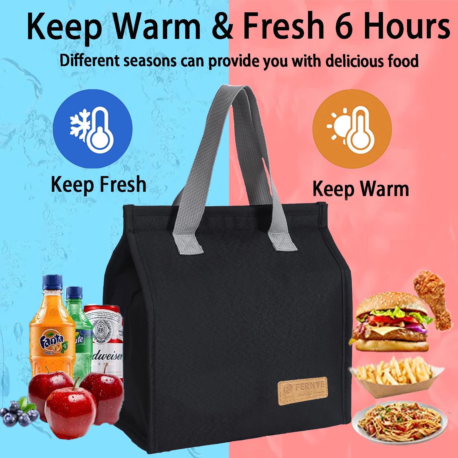 FERNYE Lunch Bag for Women/Men,Waterproof Reusable Portable Lunch Tote,Lunch Box Bag.Thermal Cooler Bag Ideal for Work/Party/l/Travel/Picnic (Light Black)