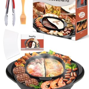 Soupify 2 in 1 Hot Pot with Grill, Electric Korean BBQ Grill, Independent Dual Temperature Control & Non-stick Pan, Multi-function Smokeless Barbecue Grill for Family and Friends Gathering