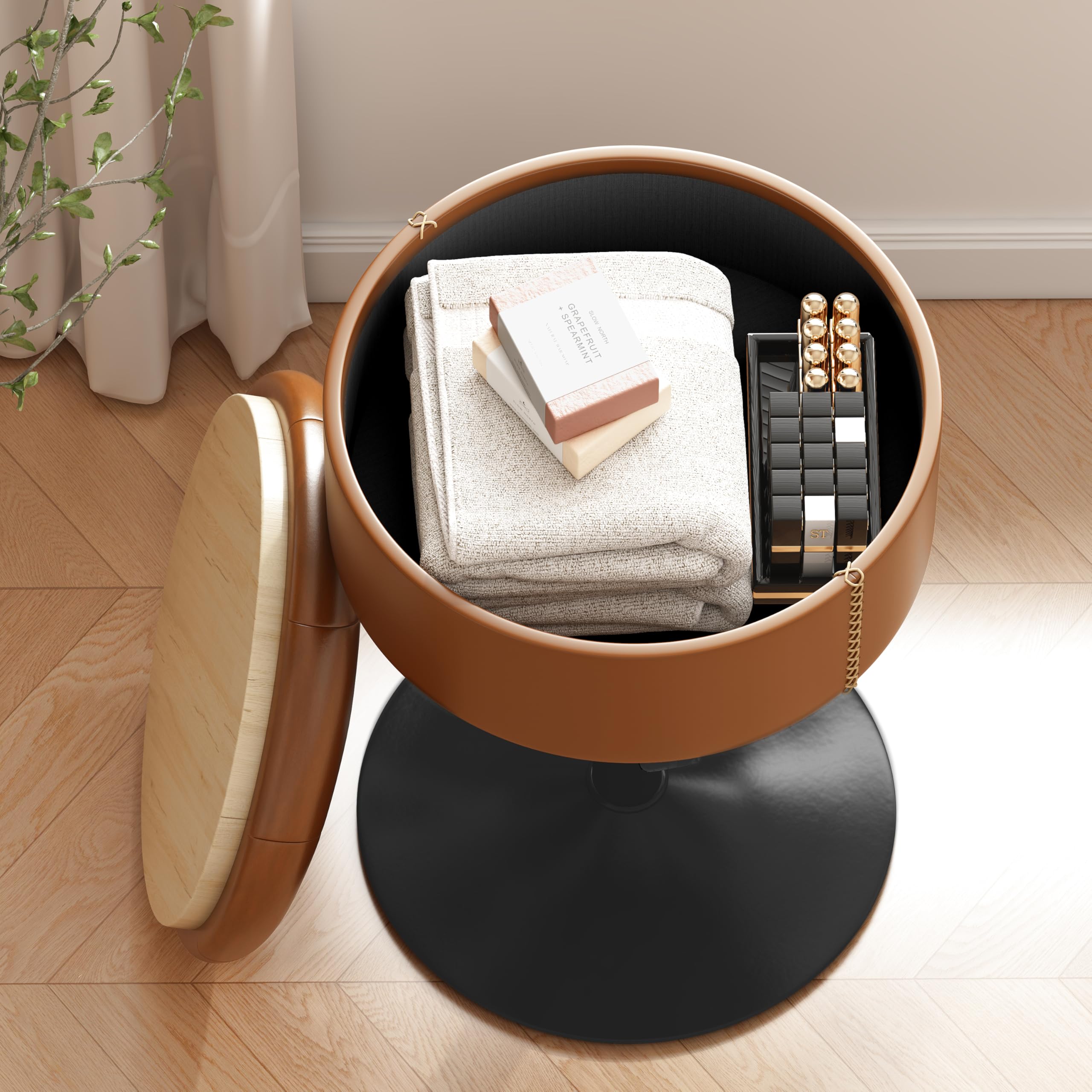 ACEQLYT® Modern Minimalist Vanity Stool with Hidden Storage, Adjustable Vanity Chair for Makeup Room, 300lb Load Capacity Ottoman Makeup Chair for Vanity Desk Bedroom Bathroom, Brown Leather