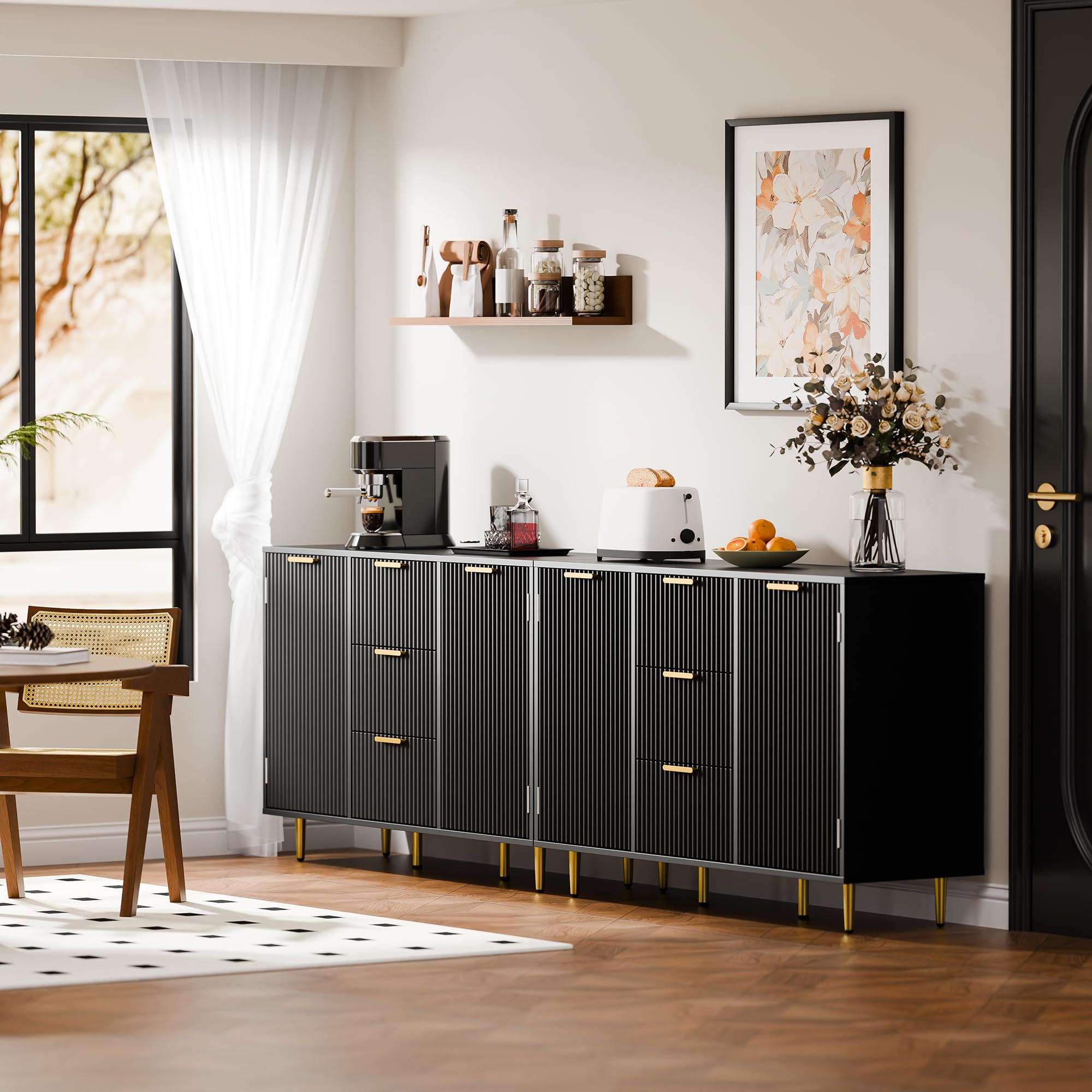 Cozy Castle Buffet Cabinet with Storage,47.2"Coffee Bar Cabinet,Large Sideboard Cabinet with Adjustable Shelves,Accent Cabinet with Doors and Drawers for Dining Room,Living Room,Entryway,Kitchen,Black