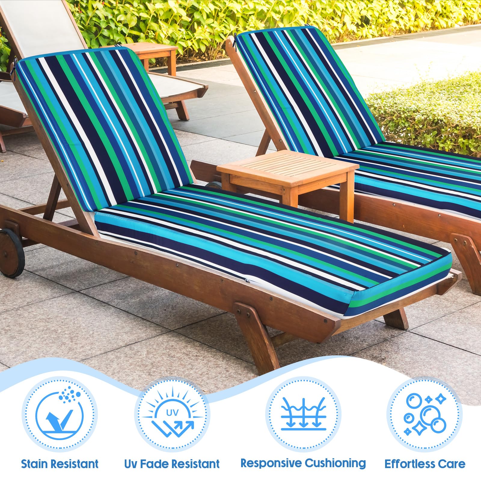 Menkxi 2 Pack Outdoor Stripe Chaise Lounge Cushion with Ties, Reversible Patio Cushion, Solid Back Lawn Furniture Cushions, Pool Lounge Chair Cushions, 70.87'' x 19.69'' x 3.54'' (Classic Color)