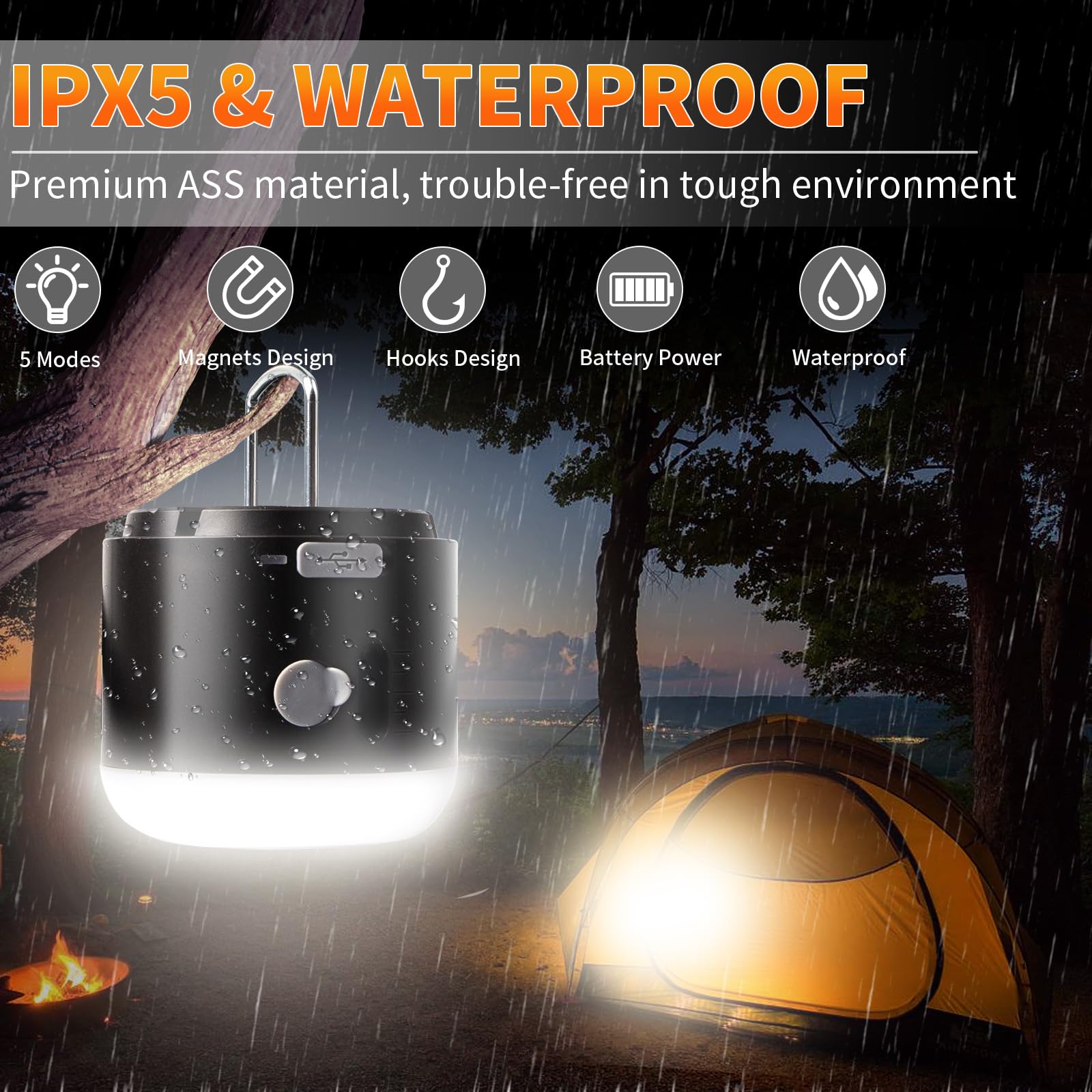 LED Camping Lantern Rechargeable 800LM, 3000mAh Up to 80H Running Time Camping Tent Light, with Fan, 4 Light Modes, Misting Feature & Magnetic Base, for Outdoor Camping, Power Outages