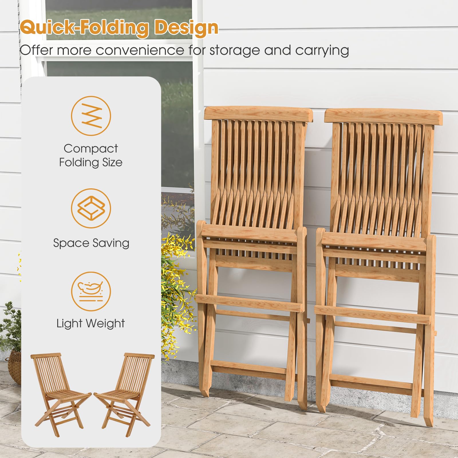 Tangkula 2 Piece Wood Patio Folding Chair, Sturdy Teak High-Back Chair with Slatted Design, Portable & Lightweight Outdoor Dining Chair, Natural Appearance, Perfect for Backyard, Camping