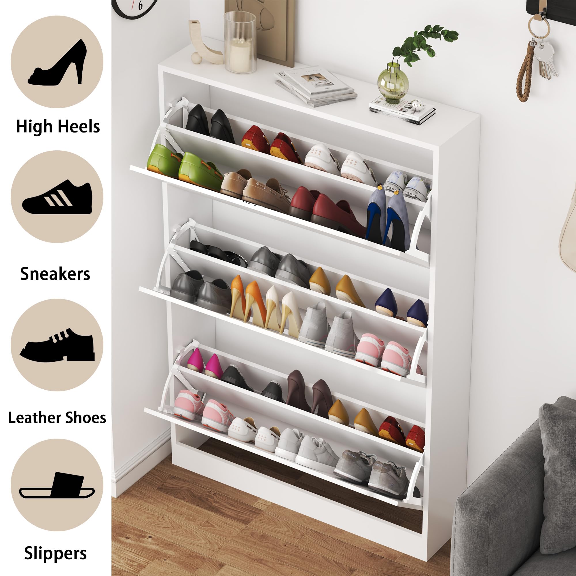 Boonatu Shoe Cabinet Storage for Entryway, Shoe Cabinet Storage with 3 Flip Drawers, Shoe Cabinet for Entryway Slim Space, 3 Tier White Shoe Cabinet Freestanding Wood Shoe Rack for Entryway, Hallway