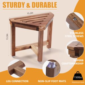 Boulphia Shower Stool for Shaving Legs 13.3 in, Acacia Wood Corner Shower Stool, Shower Foot Rest for Shaving Legs Suitable for Small Shower Spaces-Safe & Stable, Non-Slip Design