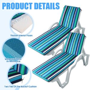 Menkxi 2 Pack Outdoor Stripe Chaise Lounge Cushion with Ties, Reversible Patio Cushion, Solid Back Lawn Furniture Cushions, Pool Lounge Chair Cushions, 70.87'' x 19.69'' x 3.54'' (Classic Color)