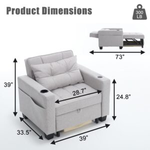 Haplized Chair Sleeper Sofa Bed, 3-in-1 Convertible Futon Lounge Bed Couch with Storage Chaise, Pull Out Sleeper Sofa Bed with Adjustable Back for Living Room, Bedroom (Light Grey)